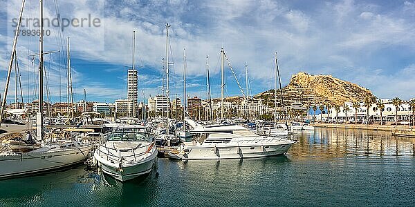 Hafen von Alicante Port dAlacant Marina mit Booten und Blick auf die Burg Castillo Urlaub Reise reisen Stadt Panorama in Alicante  Spanien  Europa