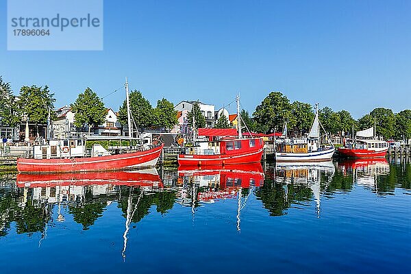 Warnemünde Hafen Promenade mit Booten Reise reisen in Rostock  Deutschland  Europa