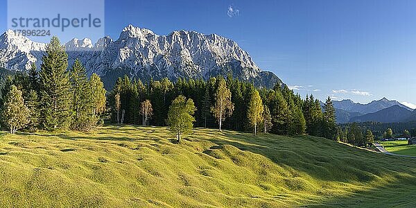 Buckelwiesen zwischen Mittenwald und Krün  Werdenfelser Land  dahinter das Karwendelgebirge  Oberbayern  Bayern  Deutschland  Europa