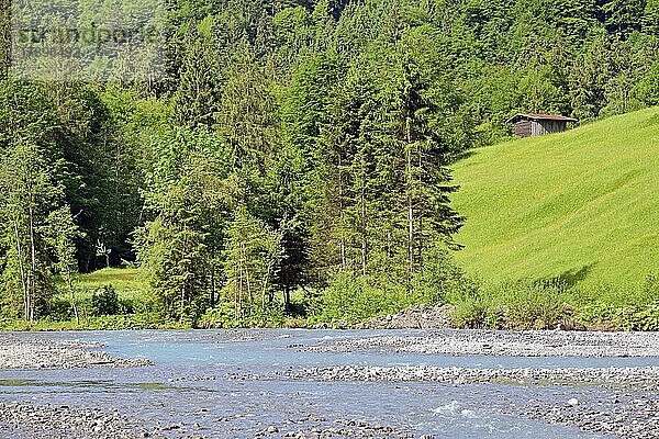 Ausblick auf die Flusslandschaft der Stillach  Berg-Wiese mit Holzhütte  Mischwald  Stillachtal bei Oberstdorf  Allgäuer Alpen  Allgäu  Bayern  Deutschland  Europa