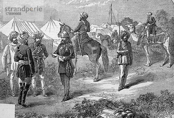 Englische Truppen in Abessinien mit einheimischen Angestellten als Hilfskräfte  1869  Äthiopien  Historisch  digital restaurierte Reproduktion einer Originalvorlage aus dem 19. Jahrhundert  genaues Originaldatum nicht bekannt  Afrika
