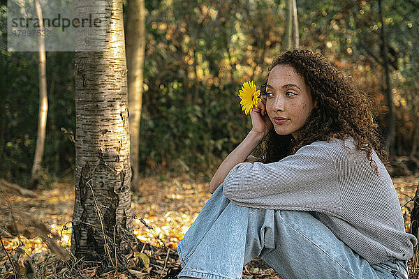 Schöne junge Frau mit gelber Blume sitzt im Park