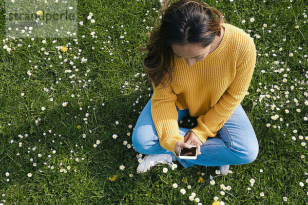 Frau sitzt mit Smartphone im Gras im Park
