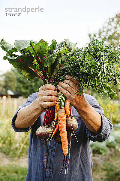 Mann versteckt Gesicht mit Gemüse im Garten