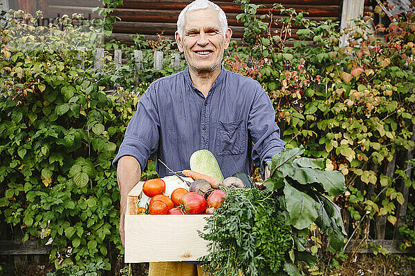 Lächelnder älterer Mann mit frisch geerntetem Gemüse