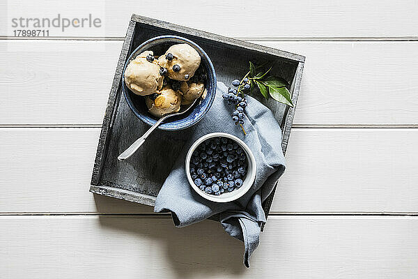 Tray with fresh blueberries and homemade peanut ice cream