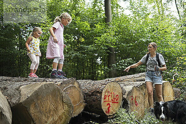 Mutter leitet Töchter an  sich vom umgestürzten Baumstamm im Wald zu befreien