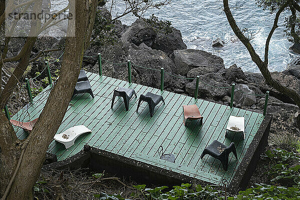 Portugal  Azores  Lajes Do Pico  Wooden terrace on rocky shore of Pico Island