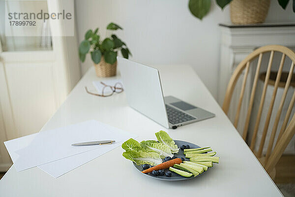 Teller mit Gemüse am Laptop auf dem heimischen Tisch