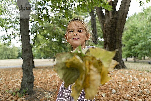 Smiling girl with leaves standing in park