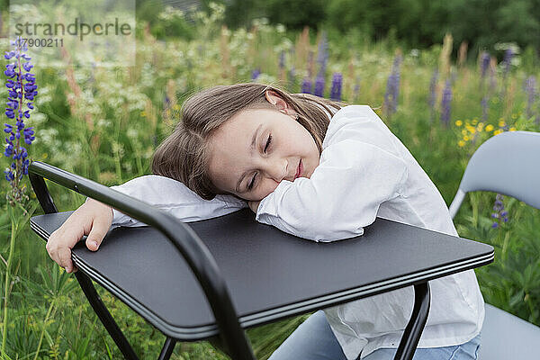 Girl sleeping on desk in meadow