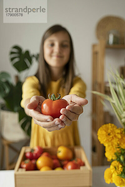 Mädchen hält zu Hause frische Tomaten in der Hand