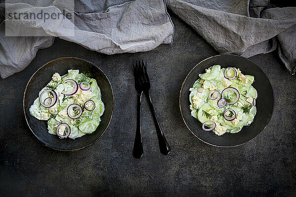 Studioaufnahme von zwei Schüsseln Gurkensalat mit Joghurt  Zwiebeln und Feta-Käse