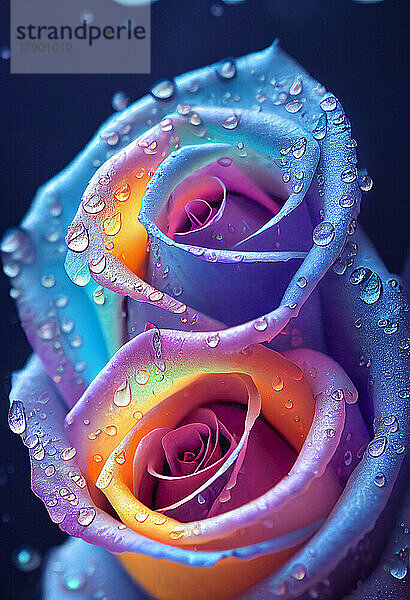 Köpfe aus blauen und rosa Rosen  bedeckt mit Regentropfen
