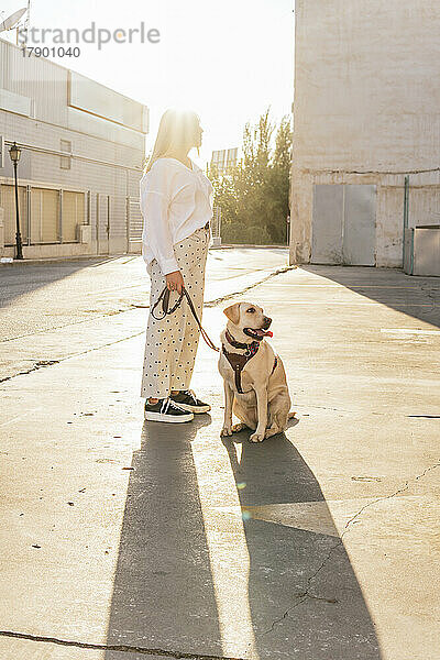 Frau steht an sonnigem Tag mit Hund
