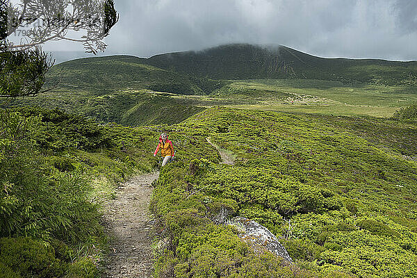 Ältere Frau spaziert inmitten von Pflanzen  den Bergen Morro Alto und Pico da Se  Insel Flores  Azoren  Portugal