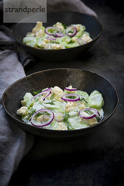 Studio shot of two bowls of cucumber salad with yogurt  onions and feta cheese