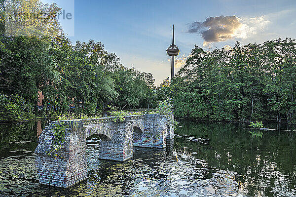 Deutschland  Nordrhein-Westfalen  Köln  Überreste einer alten Bogenbrücke im MediaPark-See