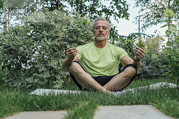 Reifer Mann meditiert im Park