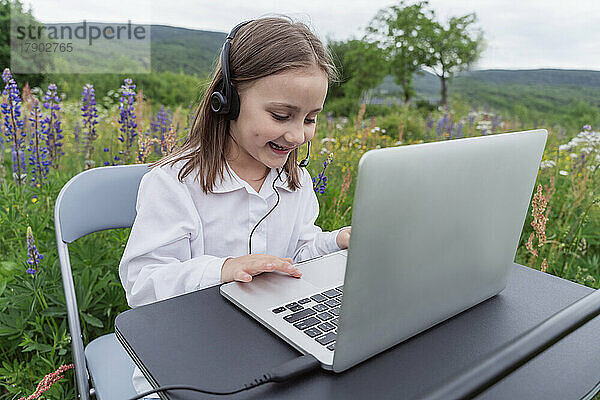Lächelndes Mädchen mit Headset  das auf dem Laptop auf der Wiese lernt