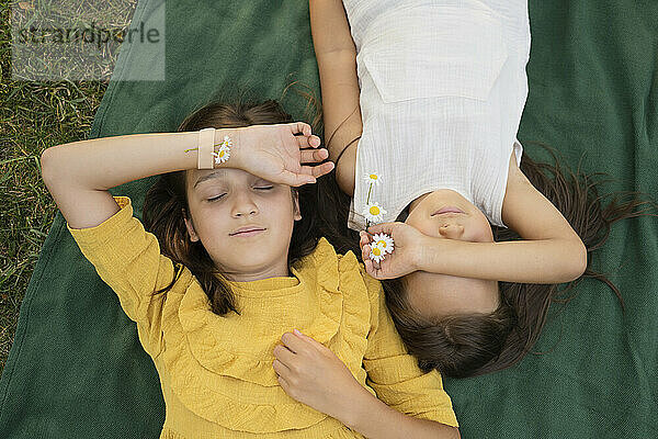 Sisters with chamomile flowers sleeping on blanket