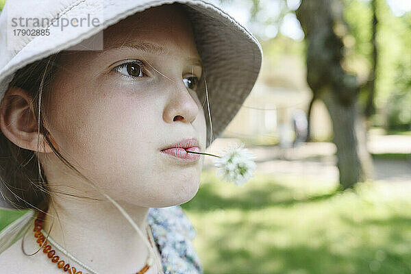 Mädchen mit Blume im Mund und Hut