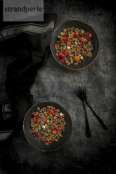 Studio shot of two bowls of bulgur with beluga lentils  tomatoes  peppers  eggplant and scallion