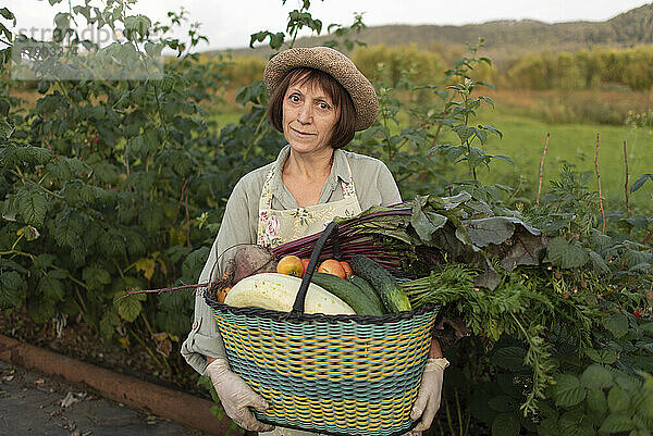 Lächelnde ältere Frau mit Korb mit frisch gepflücktem Gemüse steht neben der Pflanze