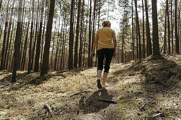 Reife Frau wandert im Wald