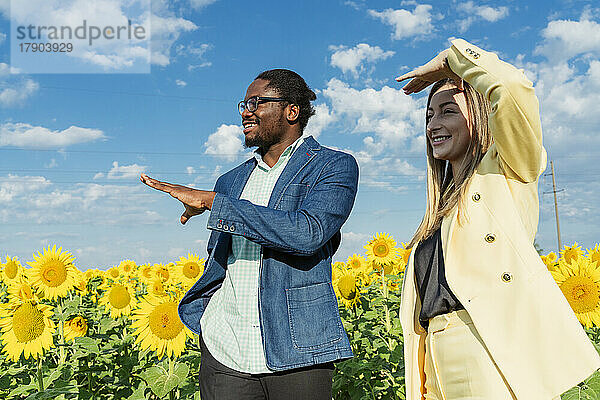 Glücklicher junger Geschäftsmann diskutiert mit Geschäftsfrau vor Sonnenblumenpflanzen