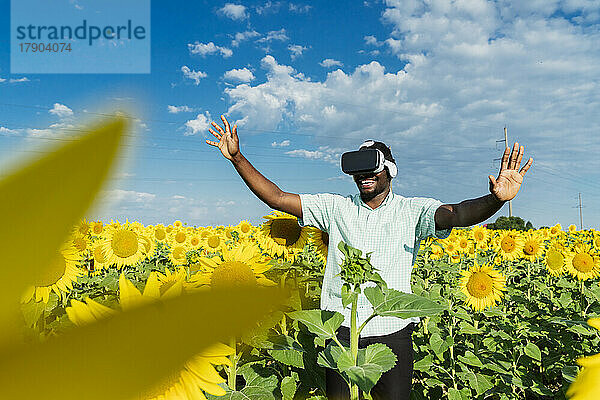 Glücklicher junger Mann mit Virtual-Reality-Simulator gestikuliert im Sonnenblumenfeld