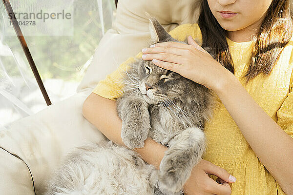 Mädchen streichelt Katze auf Hängesessel