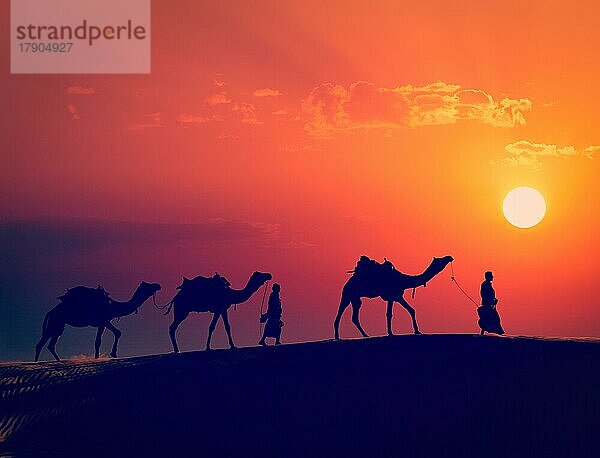 Vintage Retro-Effekt gefiltert Hipster-Stil Bild von Rajasthan Reisen  zwei indische Kameltreiber mit Kamelen Silhouetten in den Dünen der Wüste Thar bei Sonnenuntergang. Jaisalmer  Rajasthan  Indien  Asien