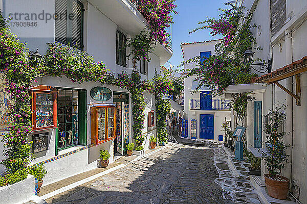 Blick auf Geschäfte in einer weiß getünchten Straße in Skiathos Stadt  Insel Skiathos  Sporaden  Griechische Inseln  Griechenland  Europa