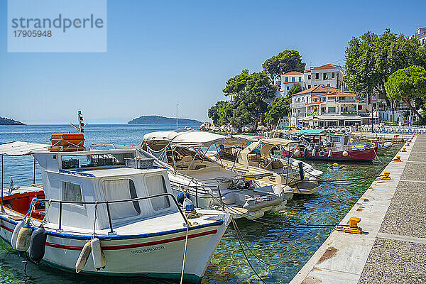 Blick auf das Belvedere Skiathos Alter Hafen und Skiathos Stadt  Insel Skiathos  Sporaden  Griechische Inseln  Griechenland  Europa