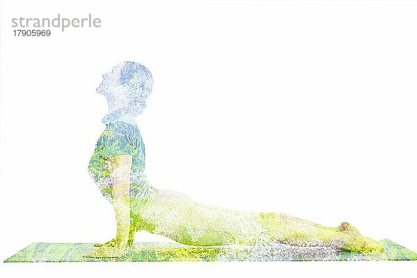 Natur Harmonie gesunden Lebensstil Konzept  Doppelbelichtung Bild der Frau tut Yoga Asana Upward Facing Dog Pose. Back Bend Urdhva Mukha Svanasana Asana Übung vor weißem Hintergrund