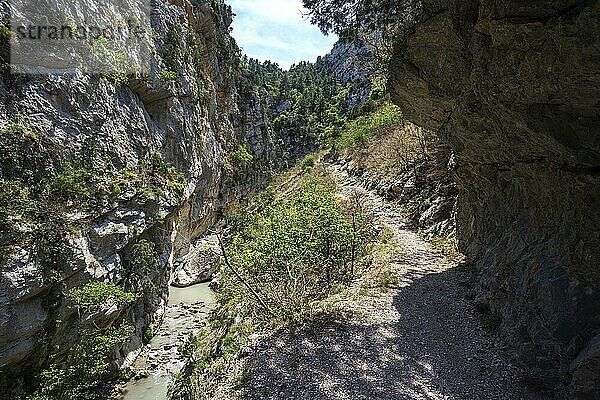 Wanderweg in der Schlucht von Trevans  Gorges de Trévans  links unten Fluss L Estoublaisse  Nähe von Estoublon  Alpes-de-Haute-Provence  Provence  Frankreich  Europa