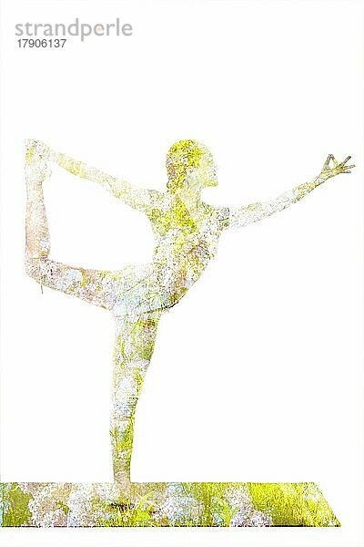 Natur Harmonie gesunden Lebensstil Konzept. Doppelbelichtung Bild des Herrn des Tanzes Pose Natarajasana Asana Übung vor weißem Hintergrund