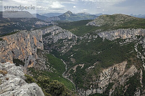 Blick in die Verdonschlucht beim Belvedere de la Dent d Aire  unten Fluss Verdon  Grand Canyon du Verdon  Département Alpes-de-Haute-Provence  Provence  Frankreich  Europa