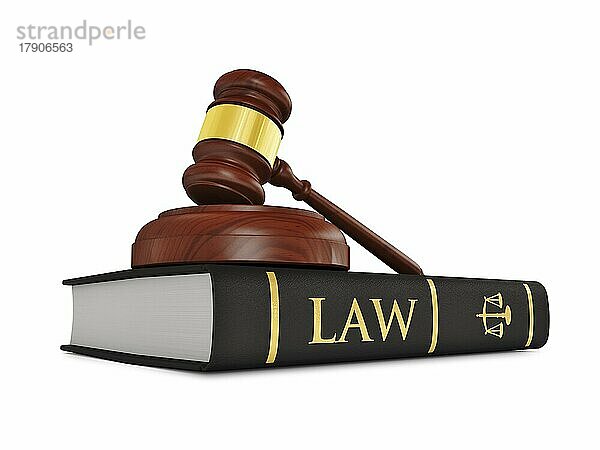 Gesetz Gerechtigkeit Konzept  hölzerne Richter Richterhammer auf Gesetz Buch vor weißem Hintergrund