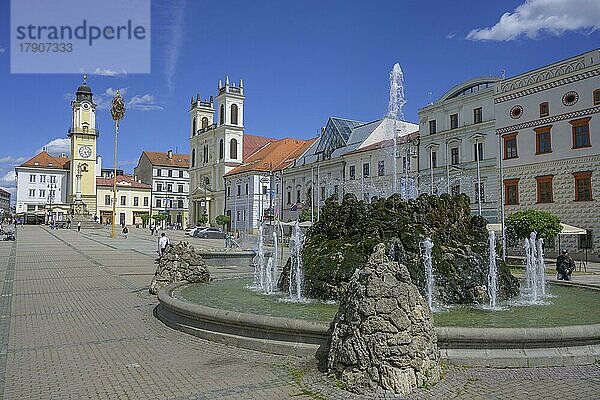 Brunnen am Hauptplatz dahinter der Uhrturm  Banská Bystrica  Banskobystrický kraj  Slowakei  Europa