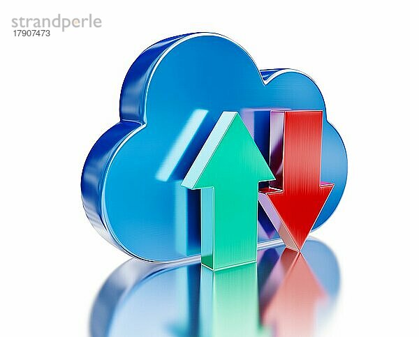 Remote-Datenbank Cloud-Computing-Technologie Speicher-Upload-Download-Konzept  Metall glänzend Wolke Symbol und Download und Upload-Pfeile mit Reflexion auf weiß