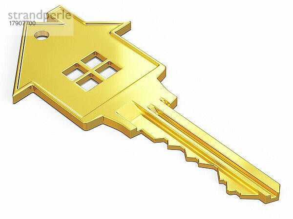 Haus Sicherheit mieten Immobilien kaufen Konzept  Haus geformt Goldschlüssel vor weißem Hintergrund
