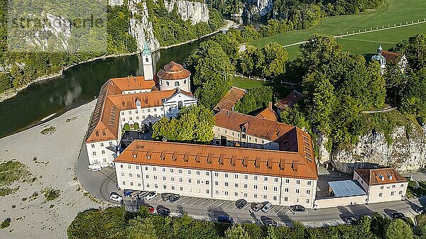 Aerial view of Weltenburg Monastery  Benedictine Abbey  on the Danube  Kelheim  Bavaria  Germany