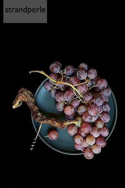 Rote Weintrauben (Vitis vinifera) mit Korkenzieher vor dunklem Hintergrund