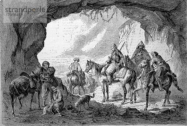 Eine Sicherheitsbegleitung zu Pferde in Bosnien  1869  Historisch  digital restaurierte Reproduktion einer Originalvorlage aus dem 19. Jahrhundert  genaues Originaldatum nicht bekannt