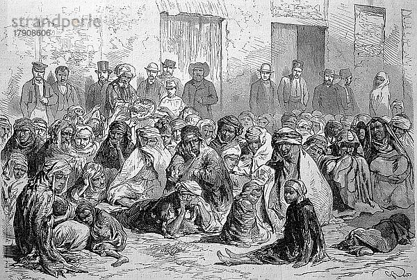 Die Einwohner von Setif bei der verteilung von Lebensmitteln an arabische Frauen und Kinder  1869  Algerien  Historisch  digital restaurierte Reproduktion einer Originalvorlage aus dem 19. Jahrhundert  genaues Originaldatum nicht bekannt  Afrika