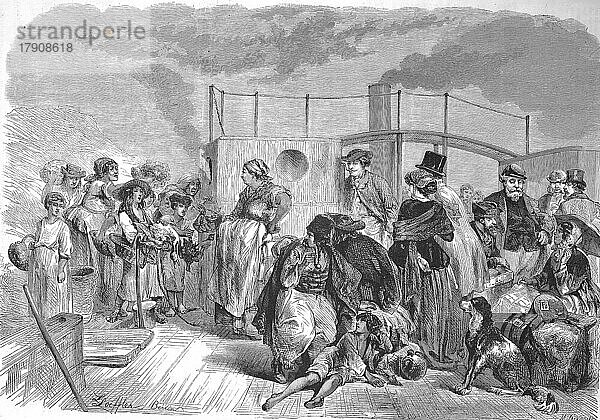 Passagiere auf dem Deck eines Dampfschiffs auf der Donau in der Nähe von Budapest  1869  Ungarn  Historisch  digital restaurierte Reproduktion einer Vorlage aus dem 19. Jahrhundert  Europa