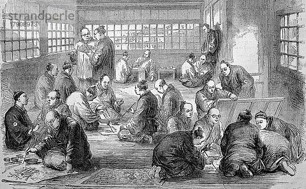 Kunstschule  Männer in einer Malerschule in Japan im Jahre 1869  Historisch  digital restaurierte Reproduktion einer Originalvorlage aus dem 19. Jahrhundert  genaues Originaldatum nicht bekannt