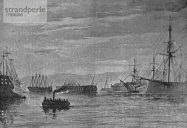 Nächtliche Hafenrundfahrt der Sicherheitswache durch den Hafen von Plymouth  1869  England  Historisch  digital restaurierte Reproduktion einer Vorlage aus dem 19. Jahrhundert